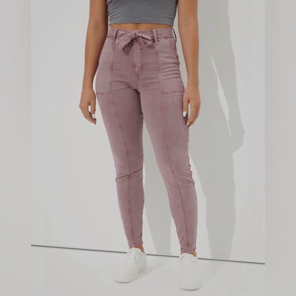 EUC American Eagle Outfitters AEO Tie Front Pink Jean Jeggings - Picture 1 of 12